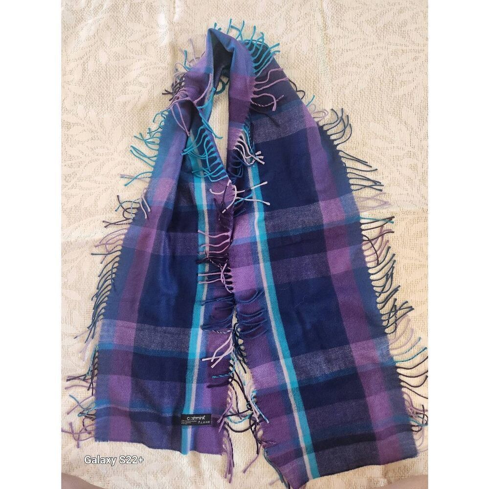 Coshmink purple blue teal plaid fringed scarf